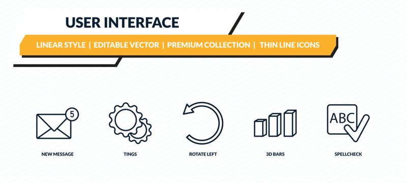 user interface icons set - new message, tings, rotate left, 3d bars, spellcheck outline vector collection.