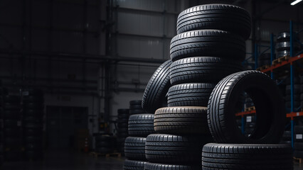 Stacks of new car tires in a dark warehouse. Automotive rubber wheels stored in an industrial facility. Logistics and inventory management concept. Copy space for text