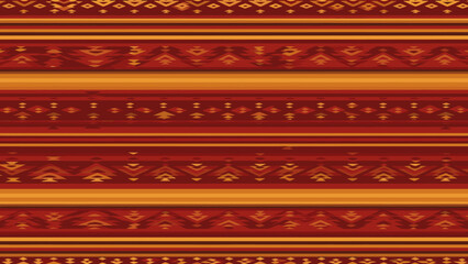 Repeating pattern of horizontal stripes with geometric and floral designs in shades of red, orange, and gold.