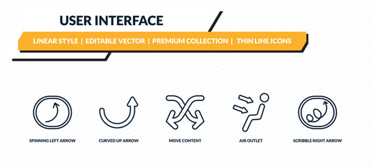 user interface icons set - spinning left arrow, curved up arrow, move content, air outlet, scribble right arrow outline vector collection.