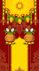 Traditional Tamil Wedding Invitation with Auspicious Symbols, Sun, Kalash, Coconut & Mango Leaves in Vibrant Yellow and Red, Festive South Indian Cultural Design with Elegant Tamil Script