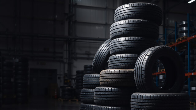 Stacks of new car tires in a dark warehouse. Automotive rubber wheels stored in an industrial facility. Logistics and inventory management concept. Copy space for text