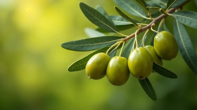 Green olives ripening on olive tree branch for olive oil production in natural sunlight