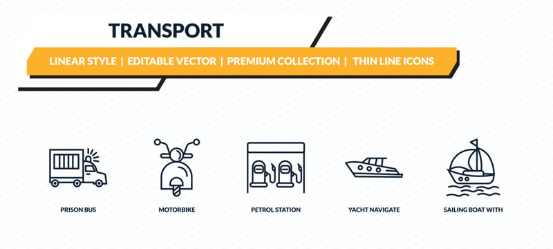 transport icons set - prison bus, motorbike, petrol station, yacht navigate, sailing boat with veils outline vector collection.