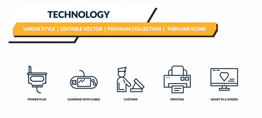 technology icons set - power plug, gamepad with cable, customs, printing, heart in a screen outline vector collection. © IconArt