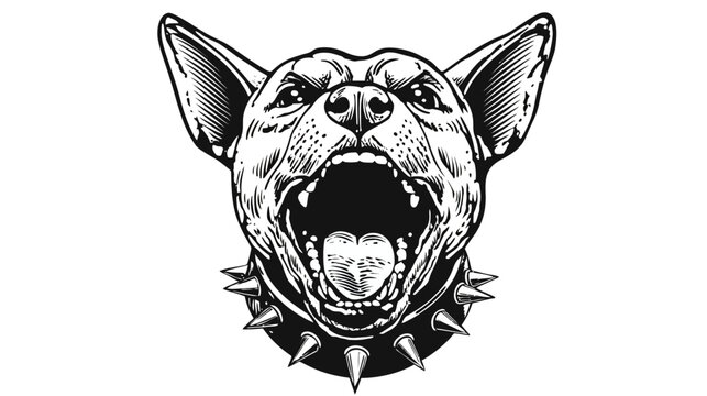Angry Growling Dog Head Illustration with Spiked Collar in Vintage Black and White Vector Style, Ferocious Canine Mascot