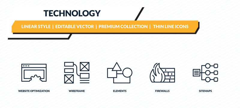 technology icons set - website optimization, wireframe, elements, firewalls, sitemaps outline vector collection.