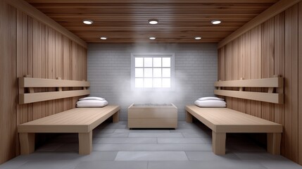 Serene wooden sauna ambiance, Calm wooden sauna space with minimal design and soft glow