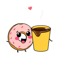 A cute cartoon donut with a happy face is leaning on a yellow cup of coffee on transparent background