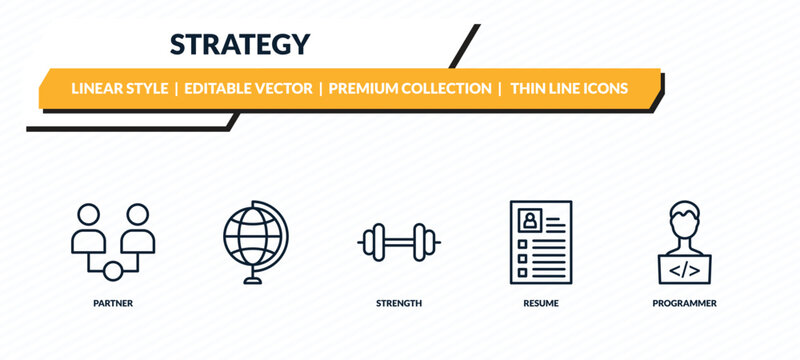 strategy icons set - partner, , strength, resume, programmer outline vector collection.
