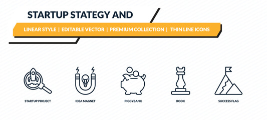 startup stategy and icons set - startup project search, idea magnet, piggybank, rook, success flag outline vector collection. © IconArt