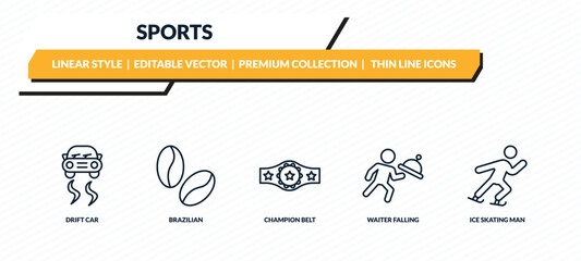 sports icons set - drift car, brazilian, champion belt, waiter falling, ice skating man outline vector collection. © IconArt