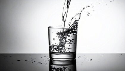 Glass of water being filled; splashes and a grayscale gradient background