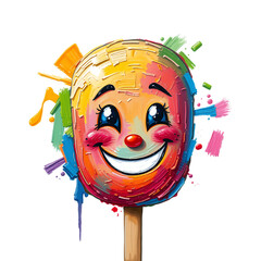 A colorful lollipop with a smiling face and paint splatters on transparent background