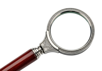 Vintage, high-detail magnifying glass with etched aged silver frame and reflective mahogany handle, close-up, studio lighting on transparent. Concept of precision and analysis