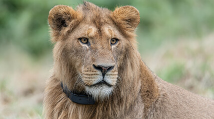 Naklejka premium Lion wildlife conservation tracking collar technology safari predator feline nature Lion wildlife conservation tracking collar technology safari predator feline nature, calm gaze, grassy habitat