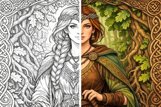 Intricate illustration of a braided forest maiden framed by Celtic knots, shown half in black and white and half in vivid color, ideal for fantasy art, coloring, or creativity themes.