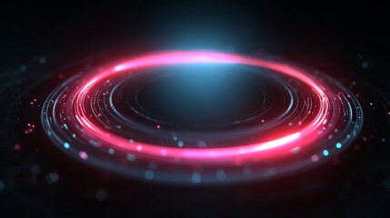 Obraz premium Glowing abstract circle in dark background, a symbol of technology and modern design. The circle has red and blue light effect, creating a vibrant visual and technological aesthetic
