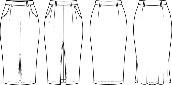 Technical flat sketch of a midi pencil skirt with front slit and pockets showing multiple views and variations for fashion apparel design tech pack