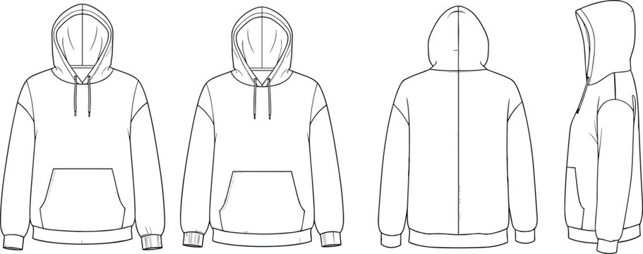 Unisex Oversized Hoodie Technical Fashion Illustration Set Featuring Front Back and Side View Flat Sketch Templates with Kangaroo Pocket for Apparel Design Tech Pack