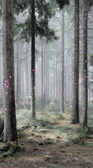 Obraz premium Misty forest tall pine sensor node pink light digital network cybernetic woodland foggy path evergreen tree moss ground data flow. Misty forest scene with pink sensor nodes glowing trees