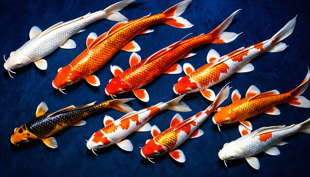 Gruppe von bunten Koi Karpfen in blauem Wasser