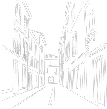 Minimal Line of an Old European Street with Buildings and Windows