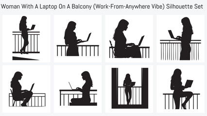 Woman With Laptop on Balcony Silhouettes Set - Female Freelancer Working Remotely, Digital Nomad Lifestyle Icons, Standing and Sitting Poses