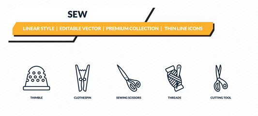 sew icons set - thimble, clothespin, sewing scissors, threads, cutting tool outline vector collection.