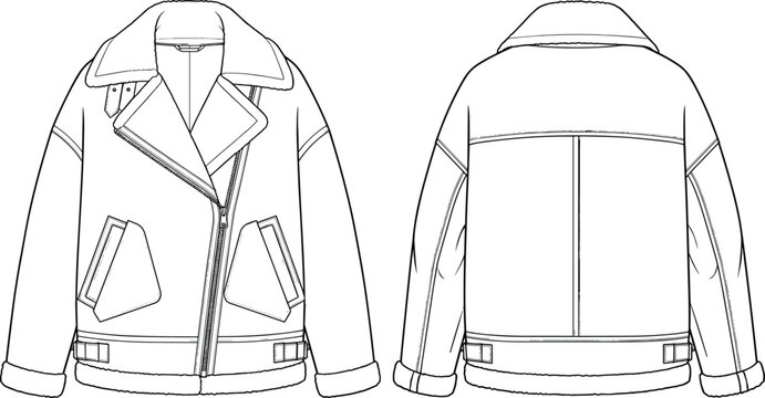 Women's Oversized Shearling Aviator Jacket Technical Fashion Illustration Set Featuring Biker Style Zipper Details Fur Collar and Hem with Front and Back View Design Template