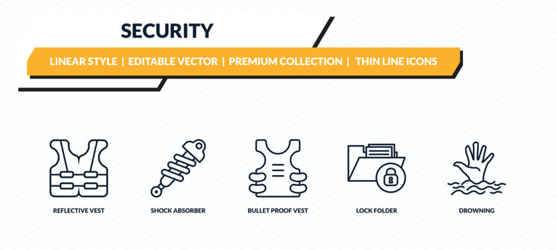 security icons set - reflective vest, shock absorber, bullet proof vest, lock folder, drowning outline vector collection.