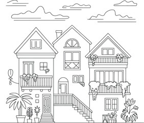 Obraz premium Three houses with balconies and plants in a tropical setting