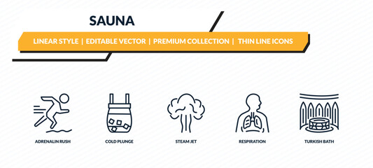 sauna icons set - adrenalin rush, cold plunge, steam jet, respiration, turkish bath outline vector collection. © IconArt
