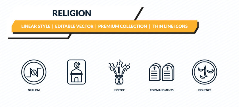 religion icons set - nihilism, , incense, commandments, induence outline vector collection.