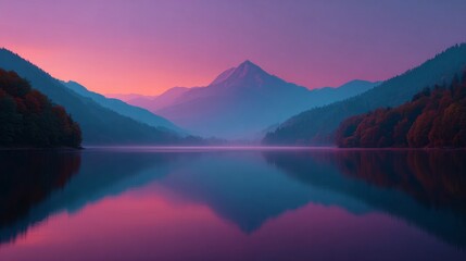 Serene lake reflecting majestic mountains at dawn or dusk, with vibrant colors of purple and pink creating a peaceful ambiance.