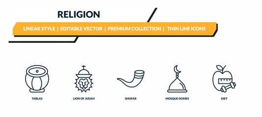 religion icons set - tablas, lion of judah, shofar, mosque domes, diet outline vector collection. © IconArt