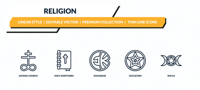 religion icons set - satanic church, holy scriptures, eckankar, occultism, wicca outline vector collection.