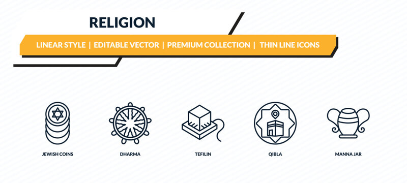religion icons set - jewish coins, dharma, tefilin, qibla, manna jar outline vector collection.