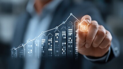 Business professional pointing at housing market growth trend with a graphic overlay of buildings and a house icon in a corporate environment