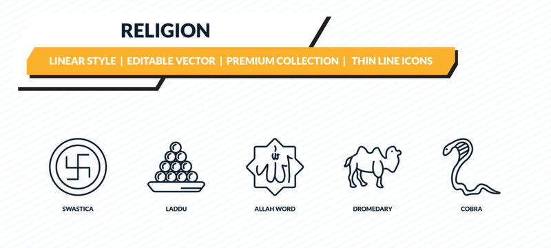 religion icons set - swastica, laddu, allah word, dromedary, cobra outline vector collection.