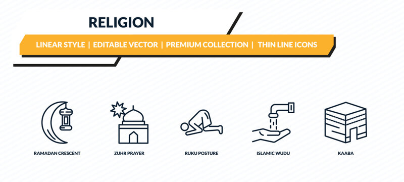 religion icons set - ramadan crescent moon, zuhr prayer, ruku posture, islamic wudu, kaaba outline vector collection.