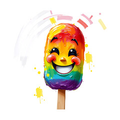 A colorful rainbow ice cream with a happy face on transparent background