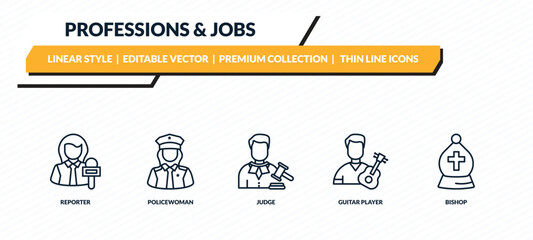 professions & jobs icons set - reporter, policewoman, judge, guitar player, bishop outline vector collection. © IconArt
