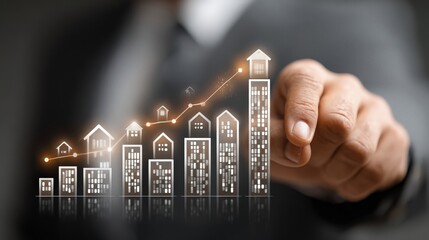 Business professional pointing at housing market growth trend with a graphic overlay of buildings and a house icon in a corporate environment