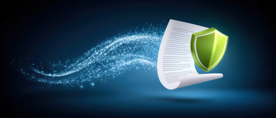Confident digital data security concept with protected document and green shield