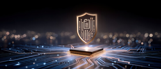 Powerful digital security shield guarding data privacy with futuristic safety