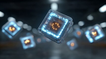 Futuristic glowing cube floating in dark space