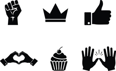 Fototapeta premium black silhouettes of hands and food and crown on white background
