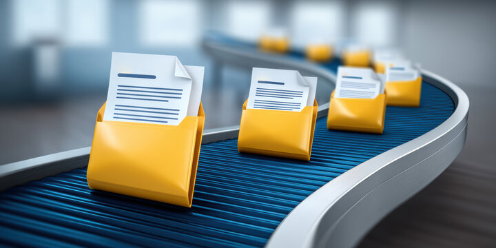 Yellow folders carrying digital data on conveyor for strict security - Powered by Adobe