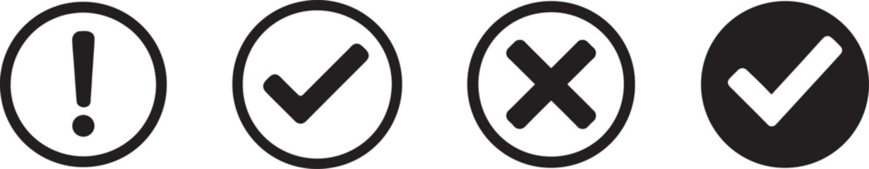 Fototapeta premium Flat round check mark, exclamation and X mark icon set in green and red vector EPS isolated on white.